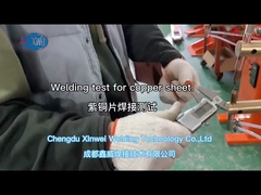 Welding the copper sheet using the pneumatic spot welder with the tungsten electrode